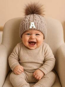 1 gorro de malha com letras para bebê, macio, quente e confortável para meninos e meninas, uso ao ar livre no outono e inverno.