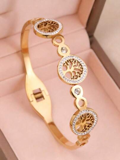 1pc Vintage Rhinestone Inlaid Tree Of Life Stainless Steel Bracelet For Women