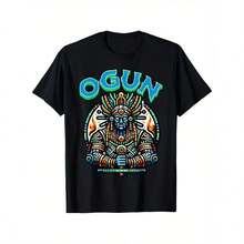 Men's Yoruba Religion Graphic T-Shirt - 100% Cotton, Round Neck, Stylish & Comfortable Casual Tee With Vibrant Eshu Ogun Design, All-Season Wear, Sizes S-XXXL - 黑色 - 查看 1