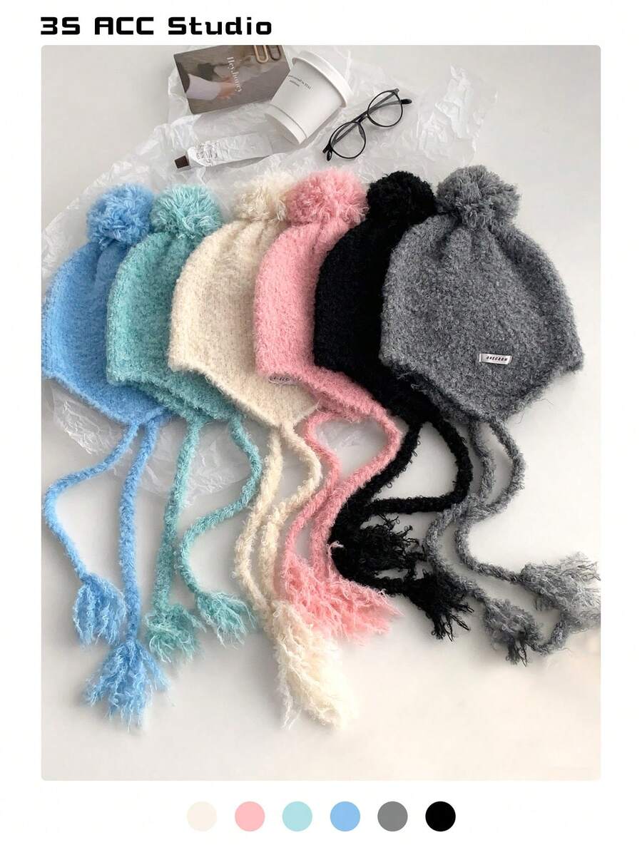 1 件法式结领针织帽，秋冬季女士柔软温暖针织帽，装饰性貂绒领带护耳针织帽，可爱渔夫帽 - 彩色 - 查看 1