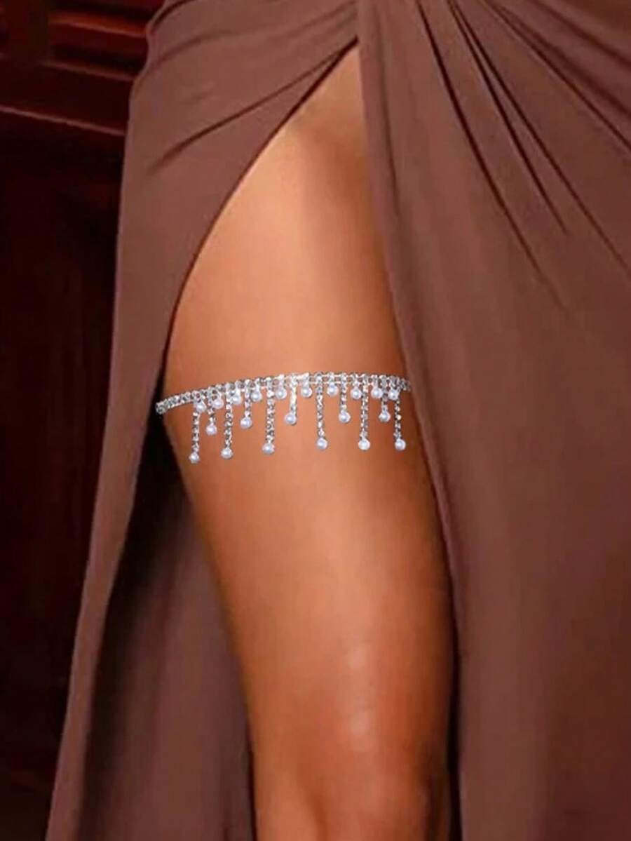 1pc Adjustable Pearl Tassel Leg Chain, Fashionable Sexy Multi-Row Crystal Body Jewelry Accessory For Women - Multicolor - View 1