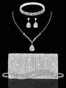 Sparkling And Elegant Women's Rhinestone Evening Bag Clutch, Exquisite Pleated Party Bag Shoulder Bag Wallet, With Glitter Rhinestone Three-Piece Set, High-End Rhinestone Pendant Necklace, Earrings, Bracelet, With Shiny Sequins Evening Dress, Suitable For Attending Parties, Dances, Gatherings, Dinners - Silver - View 9