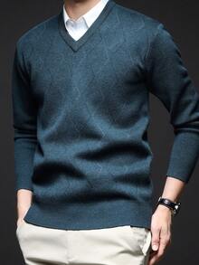 男士厚款V领提花毛衣，休闲商务通勤长袖套头衫，秋冬针织上衣