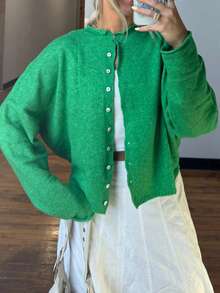 Women Y2k Crew Neck Cardigan Sweater Long Sleeve Button Down Solid Color Top Fall Casual Vintage Lightweight Knitwear - màu xanh lá - Xem 5