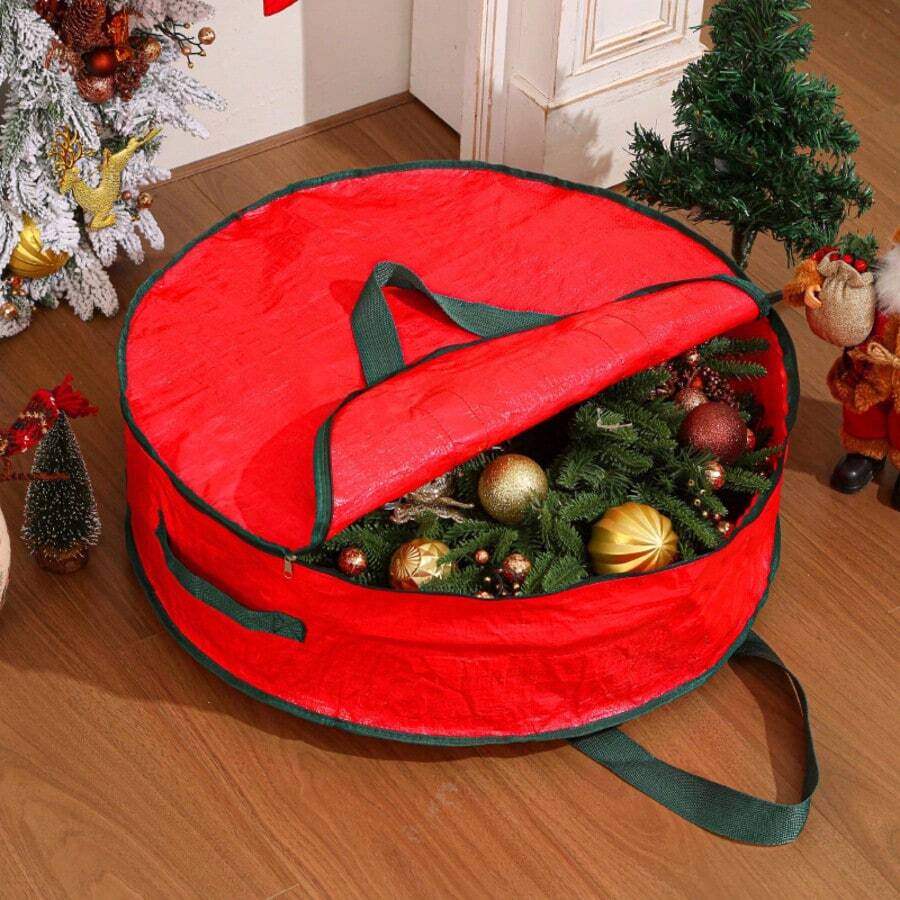 1pc Christmas Tree Storage Bag, Red Transparent Bag, Flower Wreath Circular Gift Storage Bag, Zipper Hand-Held Christmas Gift Dustproof Storage, Transparent Christmas Flower Wreath Storage Bag, Storage Hanging Bag Storage Bag, Multifunctional Miscellaneous Circular Storage Bag, Large Capacity Zipper Dustproof Christmas Gift Sorting Bag - Multicolor - View 1