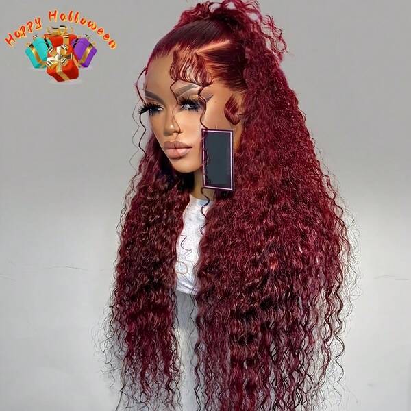 99j Burgundy Lace Front Wigs Human Hair 28 Inch Deep Curly Lace Front Wigs Human Hair Pre Plucked Red Curly Human Hair Wig 13x4 HD Colored Frontal Glueless Wet And Wavy Curly Wig