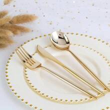 EI 60pcs Dark Blue Plastic Plates With Gold Rim Disposable, Blue Plastic Plates Disposable Party, Heavy Duty DinnerDessert Fancy Elegant Plate Wedding, Birthday, Afternoon Tea - 米色和金色塑膠盤子 - 查看 4