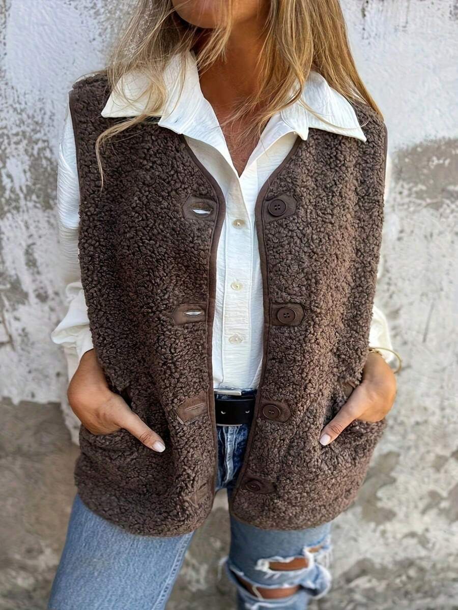 Áo khoác vest nữ thanh lịch cỡ lớn có nút và túi phía trước, phù hợp cho việc đi lại hàng ngày - màu nâu - Xem 1