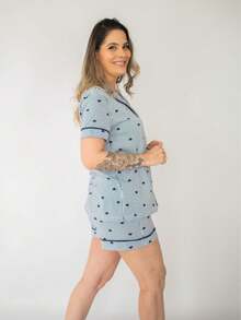 Flávia Short Sleeve American Pajamas - Navy Striped Heart - Azul Marino - Ver 3