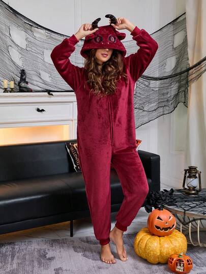 Adult Christmas Demon Plush , Animal Roleplay Warm Jumpsuit, Suitable For Autumn/Winter, Fun Christmas Party Costume, Couple Plush Pajamas, Comfortable And Warm