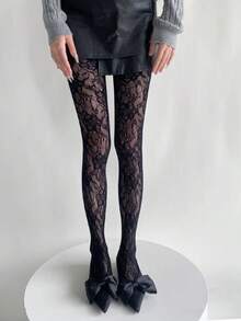 1件大码女式高弹力向日葵渔网紧身裤，适合万圣节装扮。这是一款时尚的黑色性感网眼女式连裤袜。 - 黑色 - 查看 9