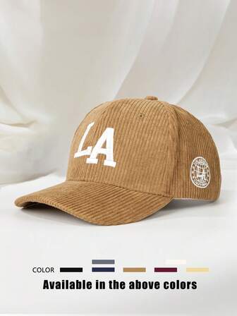 1pc Outdoor Embroidered LA Front & Side Corduroy Adjustable Baseball Cap, Suitable For Spring/Autumn Travel, Beach, Casual Wear, Sun Protection, Y2K Style For Young Men