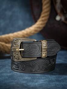 1pc Retro Western Style Personalized Buckle PU Printed Design Unisex Casual Fashion Belt - Patterned Pin Buckle - View 2