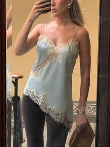 Women Satin Lace Cami Top Y2K Spaghetti Strap Side Split Tank Tops Satin Camisole Dress Clothes - Màu xanh lam - Xem 1