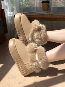 1 双女式 EVA 厚底毛绒蕾丝双球内衬防滑平底休闲保暖雪地靴，适合秋冬季 - 米色 - 查看 6