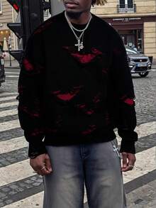 ANDREILEE Men's Casual Loose Fit V-Neck Pullover Sweater, Distressed Black Long Sleeve, Versatile Street Style, Suitable For Spring, Autumn, Winter - Black - View 2