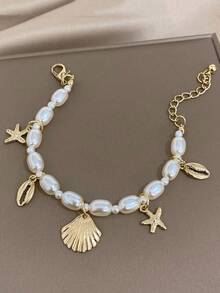 Shell & Starfish Charm Faux Pearl Decor Bracelet - Gold - View 9