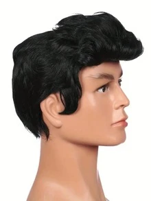 1pc Men's Fashionable Black Wavy Disco Wig, Synthetic Hair For 50s Rock Star Role Play - Black - View 5
