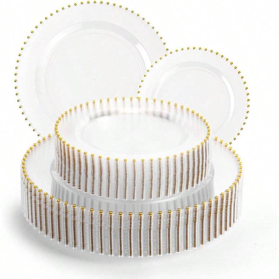 EI 60pcs Dark Blue Plastic Plates With Gold Rim Disposable, Blue Plastic Plates Disposable Party, Heavy Duty DinnerDessert Fancy Elegant Plate Wedding, Birthday, Afternoon Tea - 透明和金色塑膠盤子 - 查看 1