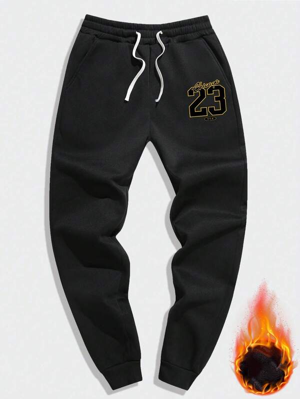 Men's Thermal Lined Casual Sweatpants, Letter Print Pattern, Drawstring Waist And Side Pockets, Suitable For Street, Leisure And Outdoor Sports Wear, Ideal Gift For Boyfriend/Husband, Autumn/Winter