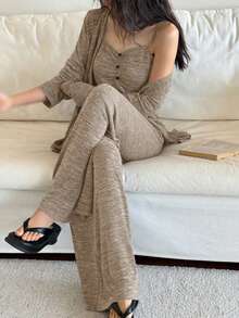 3pcs Soft Knit Fabric Robe , Camisole Top & Pants Homewear Lounge Set, Fall Winter Clothes