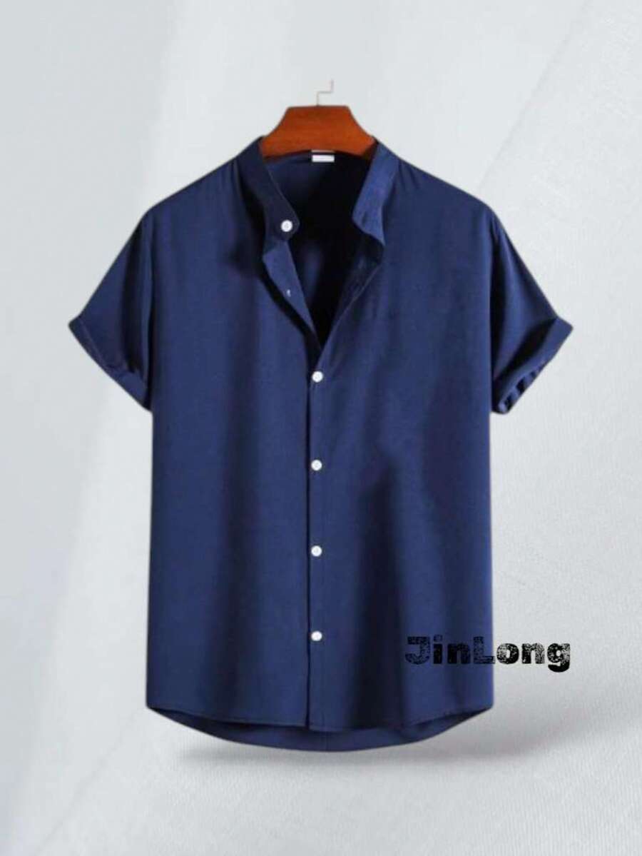 Men's Shirt, Pastor Collar, Social Casual, Linen Cotton, Short Sleeve, Luxury Fashion - 藏蓝色 - 查看 1