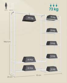 SONGMICS Appendiabiti, Armadio Aperto, Asta Appendiabiti, Portabiti con Ripiani Portaoggetti, Guardaroba in Metallo, Autoportante, Bianco Opaco - Bianco - Visualizzare 4