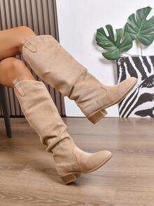 女士V型开口时尚套脚尖头切尔西骑马靴，秋冬长筒西部风格褶裥靴，派对靴 - 卡其色 - 查看 1