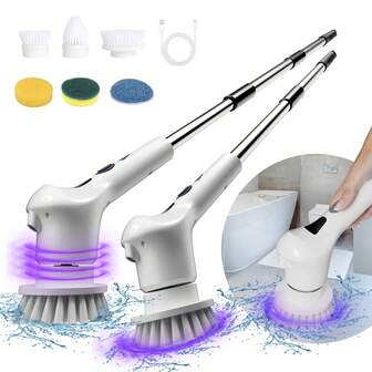 IAGREEA Electric Rotating Cleaning Brush, Cordless With Adjustable Extendable Arm, 6 Replaceable Cleaning Heads, 2-Speed, USB Rechargeable, 36V Max, For Bathroom, Bathtub, Tiles, Floor, With 18650 Lithium Battery