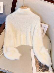Women's Autumn And Winter New Fashion Short White Turtleneck Bottoming Shirt Simple Versatile Furry Woolen Knitted Pullover Tops - White - View 5