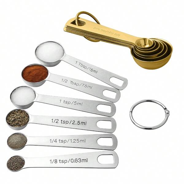 6pcs Stainless Steel Measuring Cups Set - With Measurement Markings, Segmented, Food , Durable, Multi-Purpose For Cooking And Baking, Suitable For Measuring Dry Ingredients And Liquid Ingredients - Suitable For Filling Spice Jars, Silver And Gold, Kitchen Essentials | Baking Essentials | Kitchen Accessories