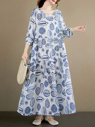 AZAH 2026春节女士宽松连衣裙、上衣、秋季圆领长袖百褶裙、波西米亚休闲度假连衣裙、白色印花长裙、复古保守长裙、连衣裙（随机印花）