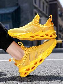大码男士夏季轻便透气网眼鞋防滑耐穿户外休闲鞋镂空网眼休闲跑步运动鞋透气男鞋 - 黃色 - 查看 4