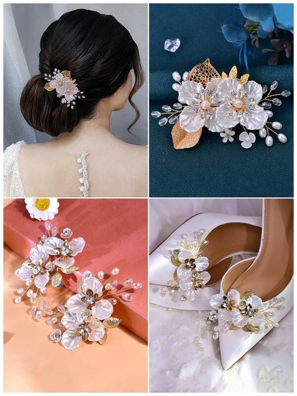 1 Set Elegant Vintage Women Hair Clips & Shoe Buckle Set, Bridal Headpiece, Bun Decor, High Heel Shoe Clips, Resin Flower & Faux Pearl Decor, Wedding, Party, Halloween Accessories