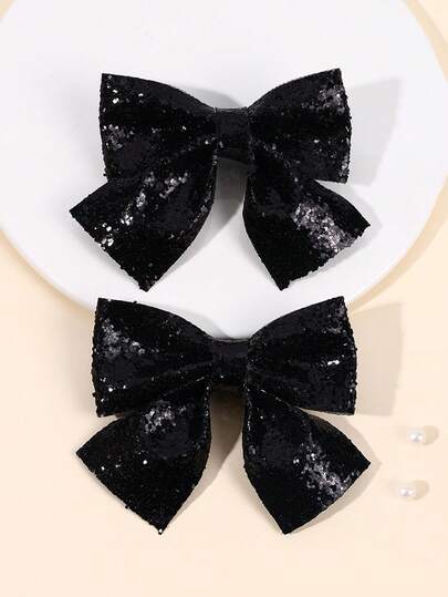 2 Stück schwarze einfache Haarbögen für Mädchen, schwarze Pailletten-bedeckte Bögen mit Alligatorclips, glitzernde Party-/Tanzparty-Haarclips, glänzende coole Mädchen-Barrettes, modische tägliche Haarzubehör für Teenager