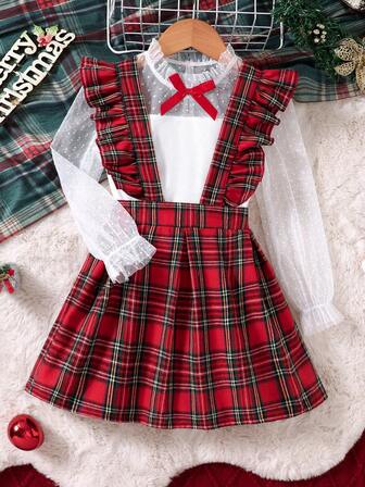 女童雪纺拼接蝴蝶结上衣和格子连衣裙两件套，适合派对和各种场合，春秋季