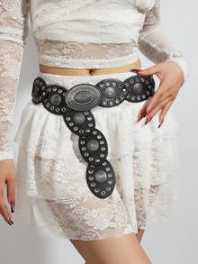 1条牛仔风波西米亚西部风女式腰带，粗犷牛仔腰带，时尚配饰，花朵扣椭圆形腰带，适合搭配连衣裙、裤子，适用于派对、海滩、音乐节、度假等场合。 - 黑色 - 查看 3