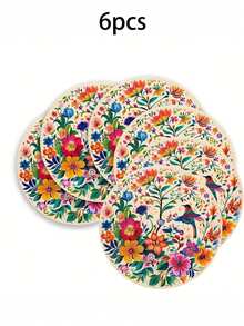 6pcs/Set Vibrant Mexican Style Floral & Hummingbird Round Placemats, 14.5 Inch Linen Material, Colorful Flower & Hummingbird Pattern - Perfect For Parties, Kitchen And Dining Room Decor, Adding Bright Colors To Your Party Table - Multicolor - View 6