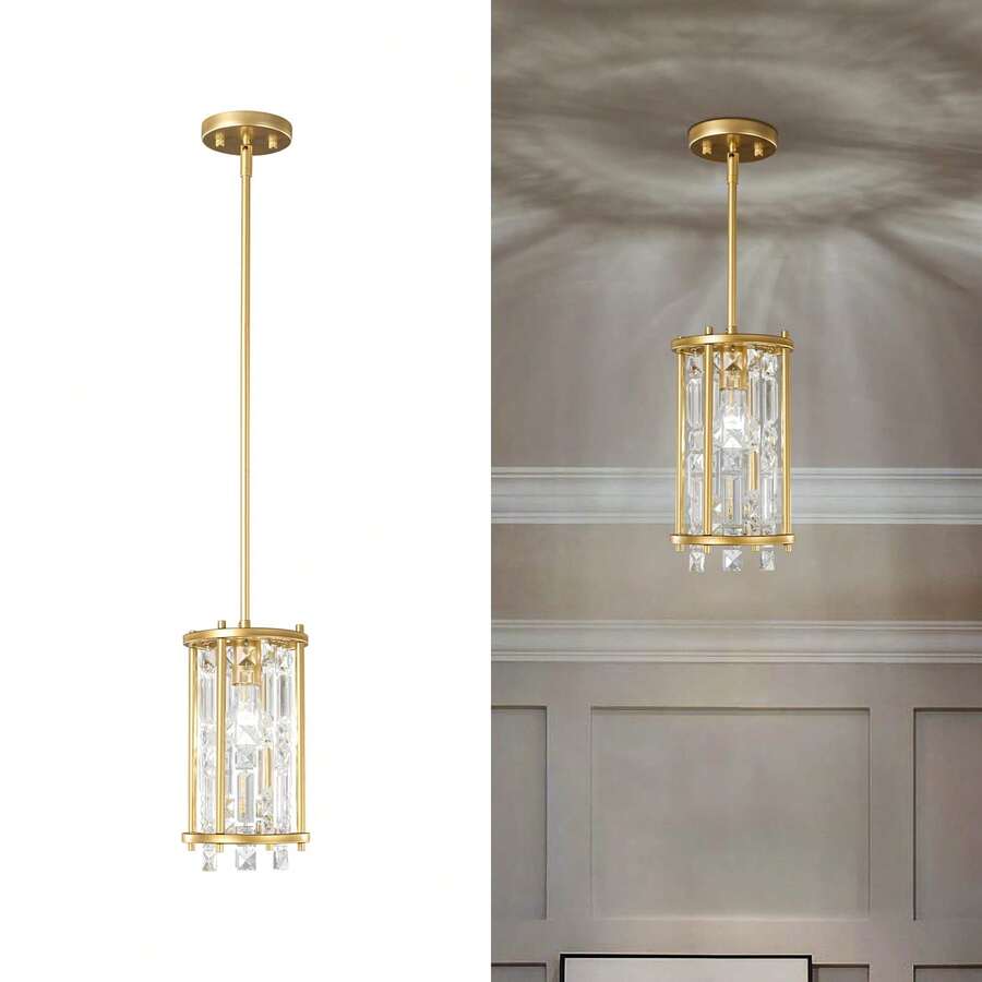 Dining Room Light Fixture Semi Flush Mount Ceiling Light, Industrial Farmhouse Chandelier Gold Metal Crystal Pendant Light For Hallway Balcony Kitchen Island (Round 1-Light) - 圓形-6.29英寸 - 查看 1