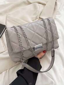 Bolso cuadrado pequeño con patrón de rombos y correa ajustable, nuevo bolso cuadrado pequeño de moda con patrón de rombos bordado para mujer, bolso de hombro con cadena de cierre cuadrado - Gris - Ver 5