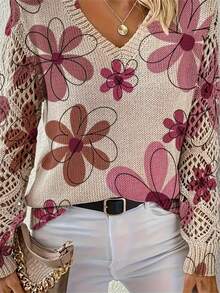 优雅印花V领长袖毛衣，百搭波西米亚风上衣，适合春、夏、秋、冬四季穿着，针织套头衫，适合办公室、街头、居家、旅行度假等各种场合。 - 紫色 - 查看 4