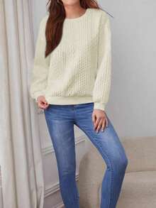 Große Größen Europäisch-Amerikanische Mode Herbst Lässig Pendler Pullover Top, Vintage Langarm Plissee einfarbiger Sweatshirt für Frauen - Beige - Übersicht 6
