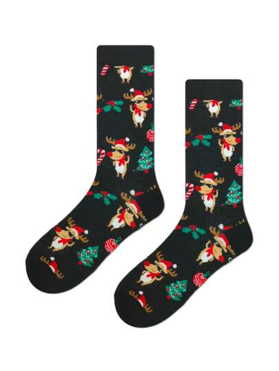 1 Pair Of Men's Christmas Themed Socks Set, With A Mid Tube Style Suitable For All Genders, Printed With Cartoon Reindeer And Santa Claus Patterns, Recommended For Hand Washing Or Dry Cleaning