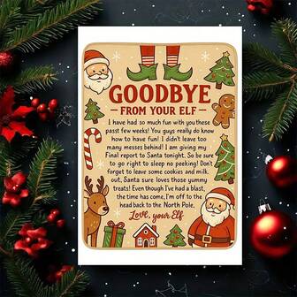 1 pieza Tarjeta de despedida divertida de duende - Mensaje de despedida de Papá Noel con lista de portarse bien o mal, diseño de pan de jengibre y duende - Saludo festivo humorístico para familiares y amigos, regalo de celebración de invierno, decoraciones de fiesta con tema de duende