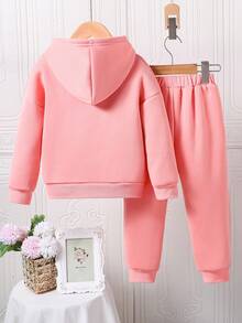 Youth Girl Rainbow Print Warm Hoodie And Sweatpants Set - Pink - View 2