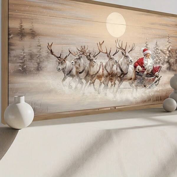 1 pezzo Quadro su tela stile fattoria per Natale - Babbo Natale e slitta con renne, scena di bosco invernale, decorazione da parete senza cornice per soggiorno, camera da letto, ufficio domestico