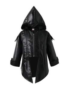 Boys' Fashionable Retro Knight Hooded Long Sleeve Asymmetrical PU Leather Jacket, Young Boy Autumn New Mysterious Casual Outerwear Suitable For Halloween, Party, Midlength Coat - Black - View 3