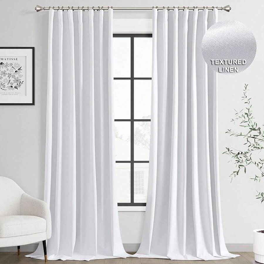 Beige Linen% Blackout Curtains 84 Inch Long, Rod Pocket/Back Tab/Hook Belt/Clip Rings, Thermal Insulated Drapes Bedroom Living Room With Hooks (1 Panel, 60 X 84), Stylish Window Treatments - 白色 - 查看 1