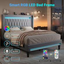 Allewie Upholstered Full/Queen/King Platform Bed Frame With LED Light And Charging Station, Button Tufted High Headboard, Wingback Design, Noise Free, Easy Assembly, No Box Spring Needed, Grey - View 2