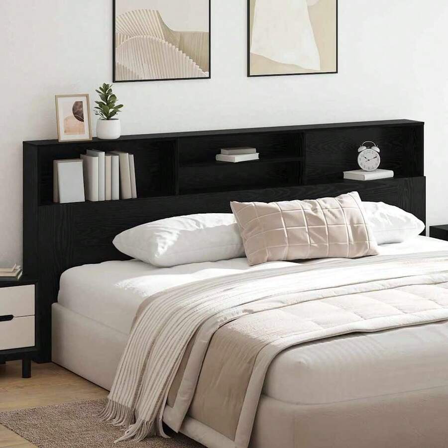 Mobiletto con testiera in rovere nero Larryhot 220 x 19 x 101,5 cm, robusto e durevole, facile da montare, stile decorativo, adatto per la camera da letto - nero - Visualizzare 1